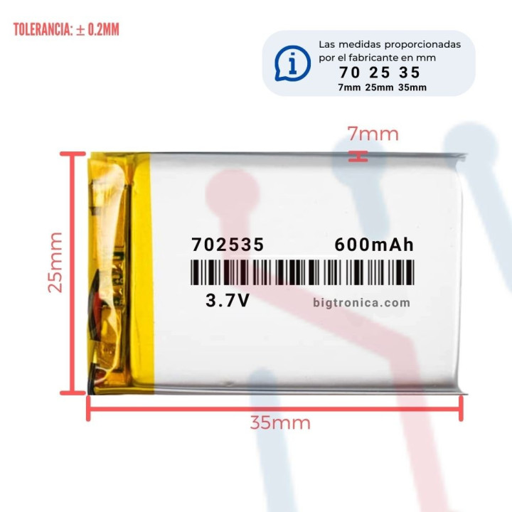 Batería LI-PO 3.7V 600mA (702535)