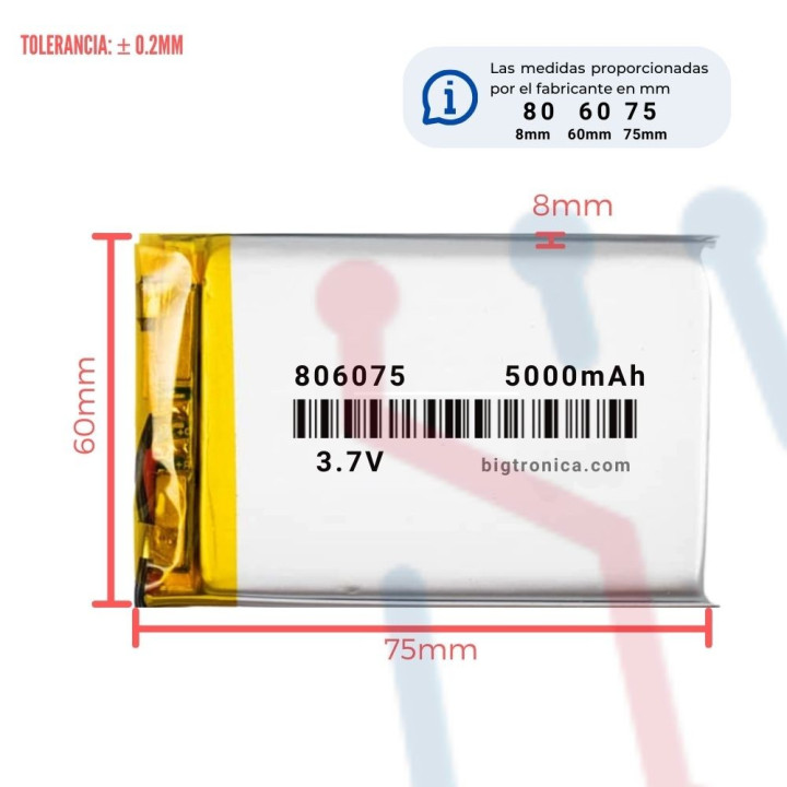 Batería LI-PO 3.7V 5000mA (806075)