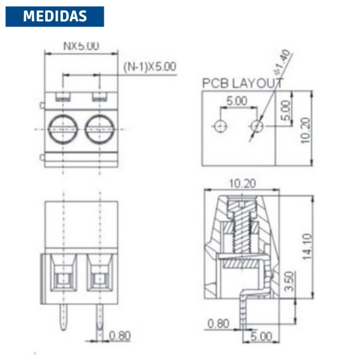 Bornera 2PIN 5mm Verde (KF128)