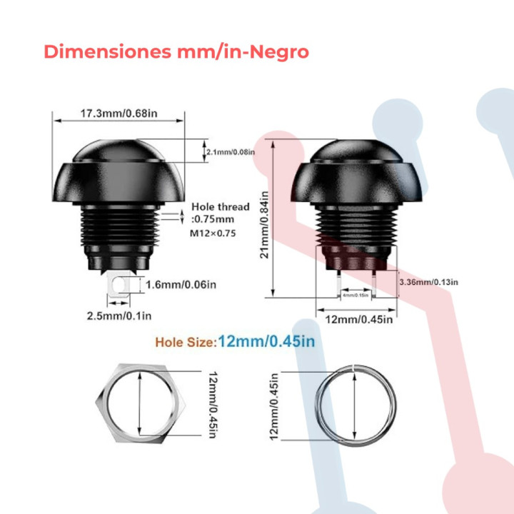 Pulsador Negro Chasis  Corto NA 12mm