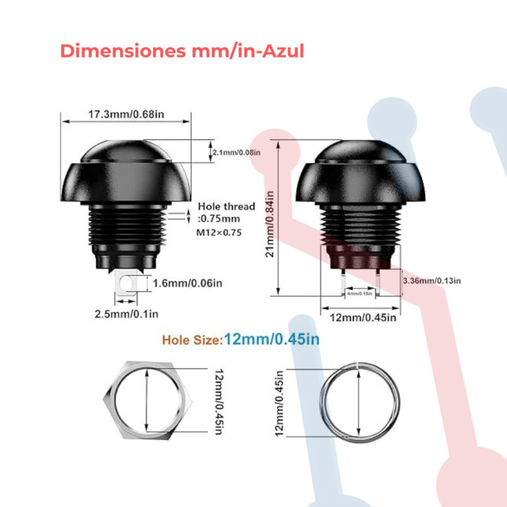 Pulsador Azul Chasis  Corto NA 12mm