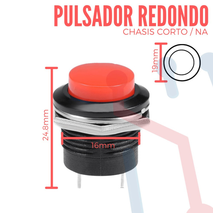 Pulsador Rojo Chasis  Corto NA 16mm