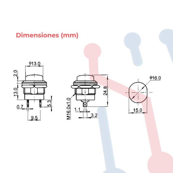 Pulsador Rojo Chasis  Corto NA 16mm
