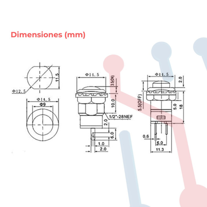 Pulsador Negro Chasis  Corto NA 12.5mm
