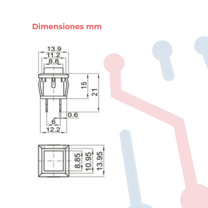Pulsador Cuadrado Rojo para Chasis NA 14mm