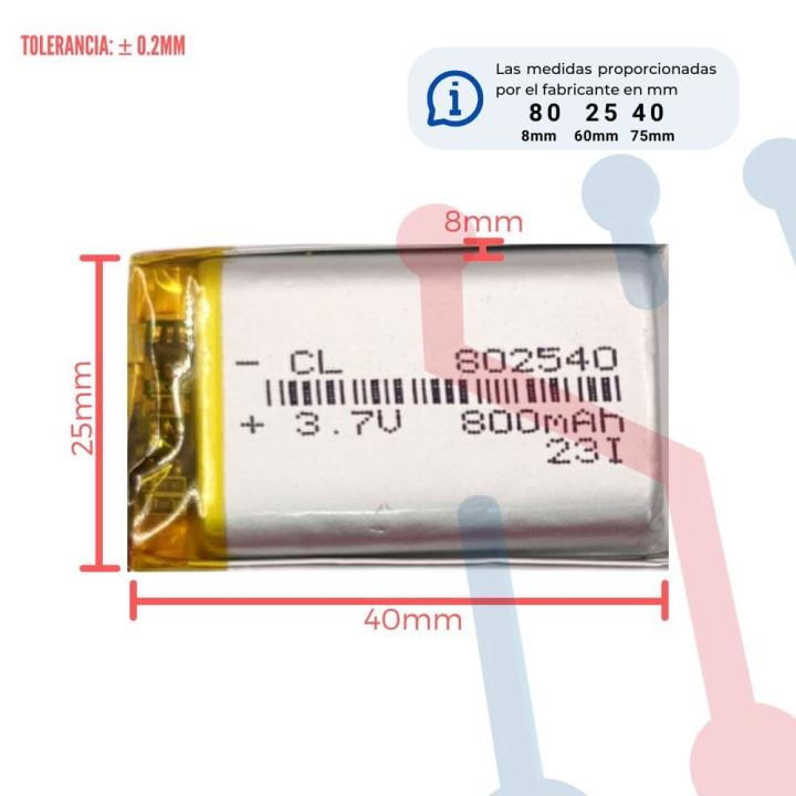 Batería LI-PO 3.7V 800mA (802540)