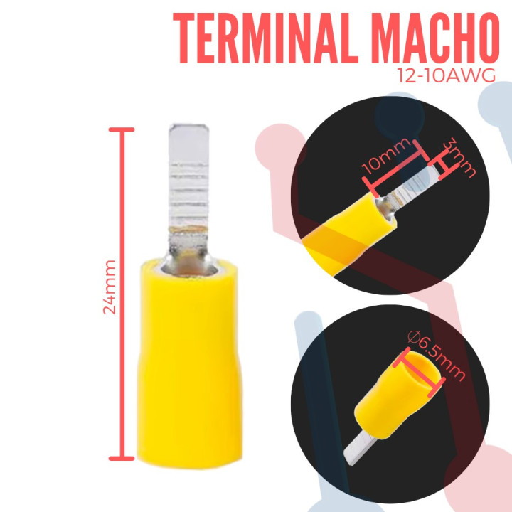 Terminal Pin Macho Amarilla Aislada AWG  12-10