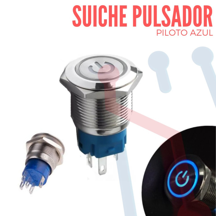 Suiche Pulsador Metálico Piloto Azul con Logo