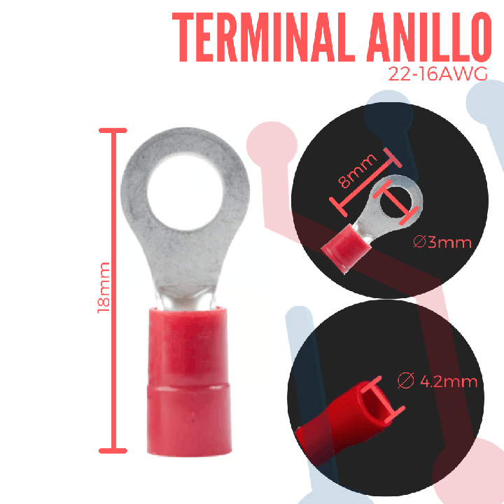 Terminal Anillo 3mm Aislada AWG 22-16