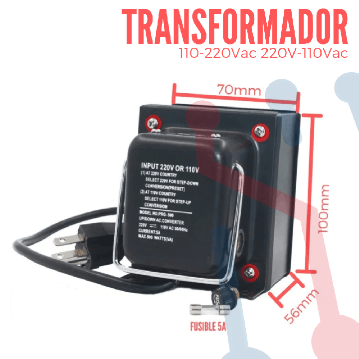 Transformador elevador y reductor de 110-220Vac y 220-110Vac 500W